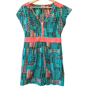 JUICY COUTURE V-Neck Mini Dress, Size 2, Pink/Teal/Black/Grey, Silk/Cotton Blend